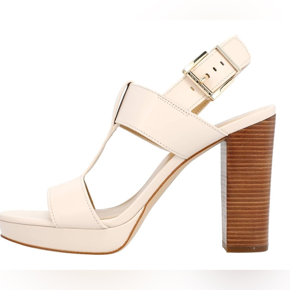 Michael Kors Becker T Strap cream,tan, brown 
Elegant Cream Block Heel Sandals - Picture 6 of 12